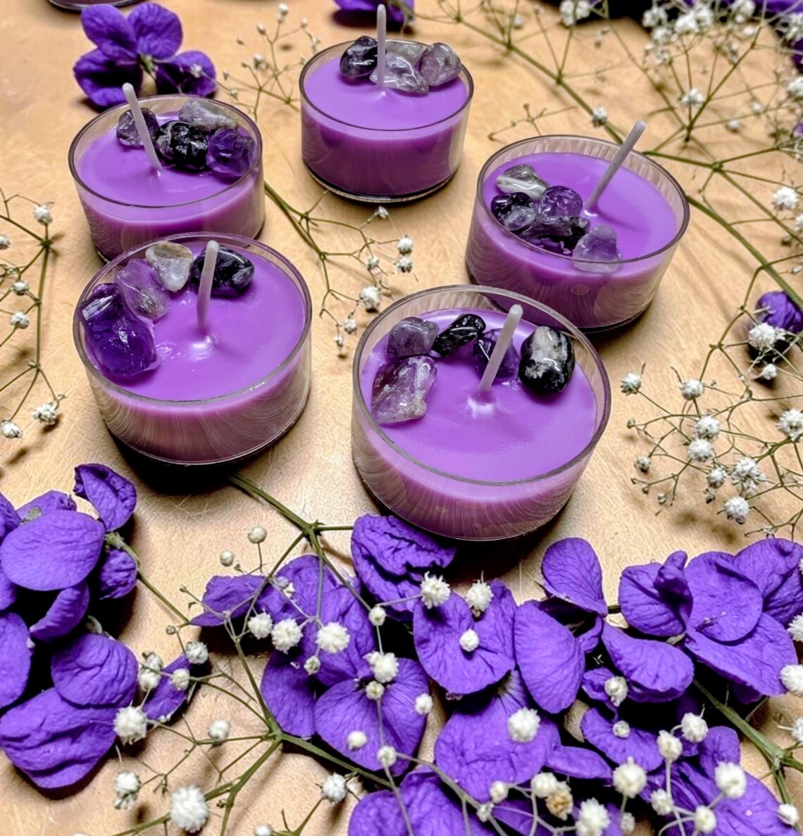 Amethyst Crystal Pheromone Candles • Hand Poured Purple Tealights (Set of 5)