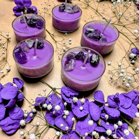 Amethyst Crystal Pheromone Candles • Hand Poured Purple Tealights (Set of 5)