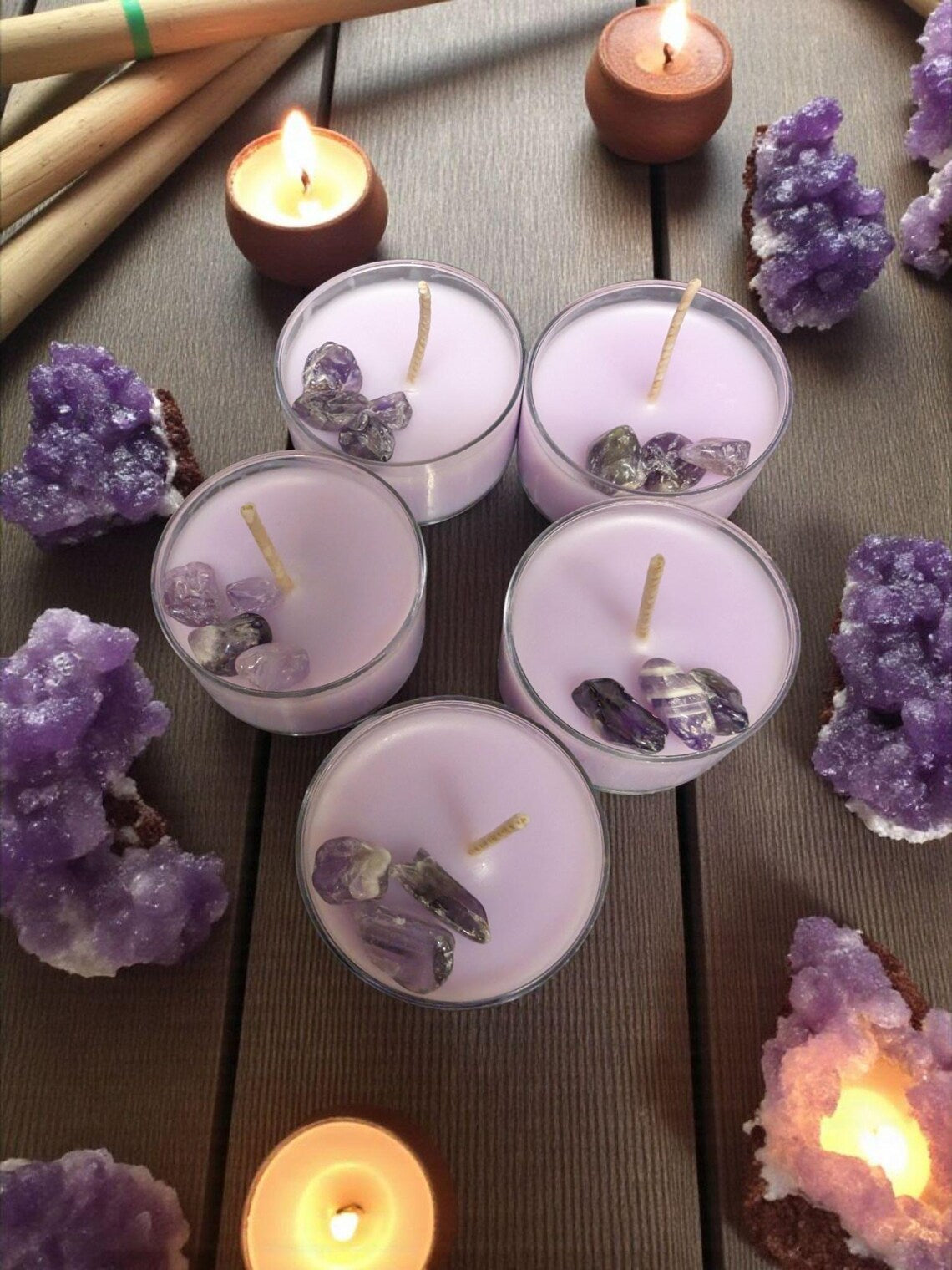 Amethyst Crystal Pheromone Candles • Hand Poured Purple Tealights (Set of 5)