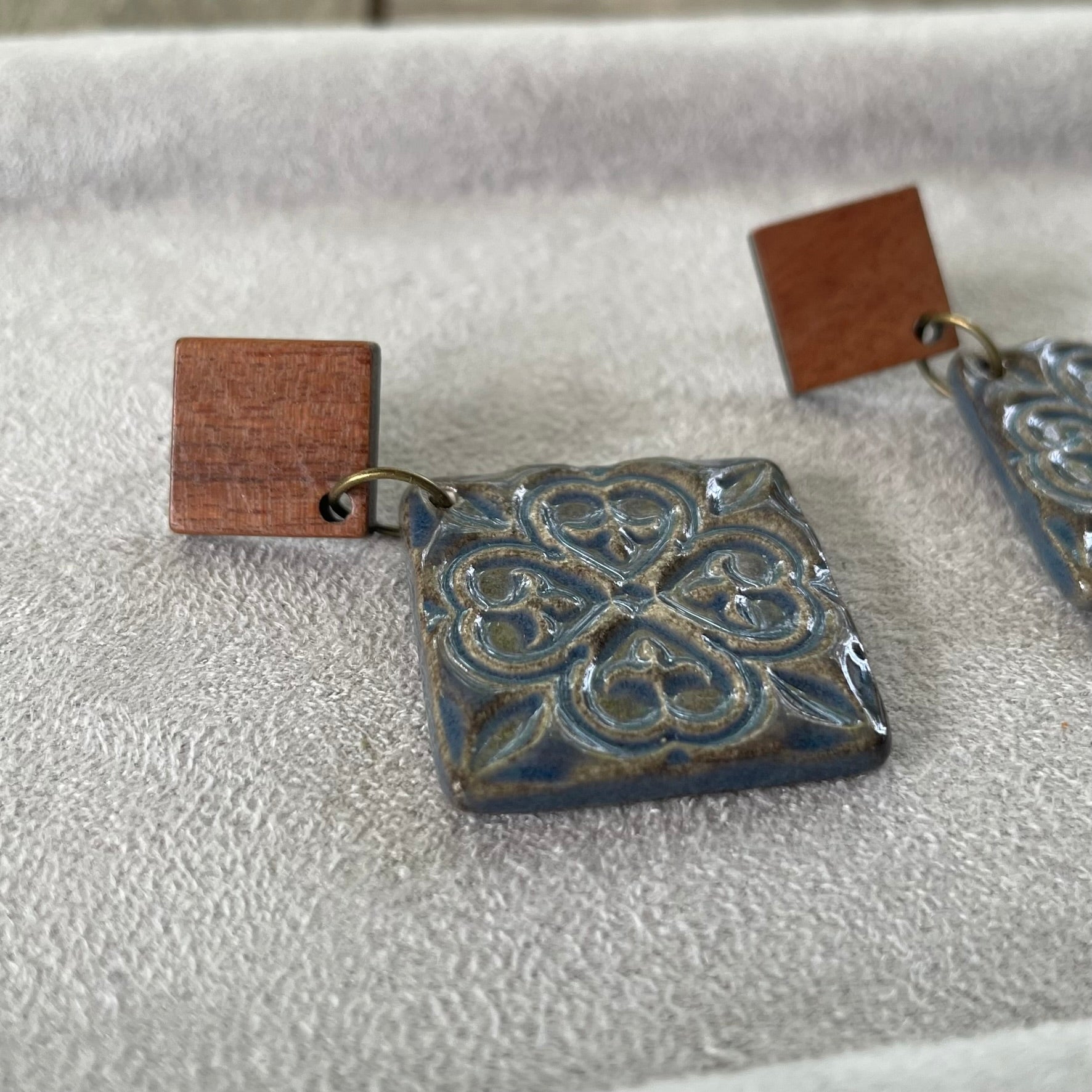Earrings - Square ceramic blue and brown glaze square earrings