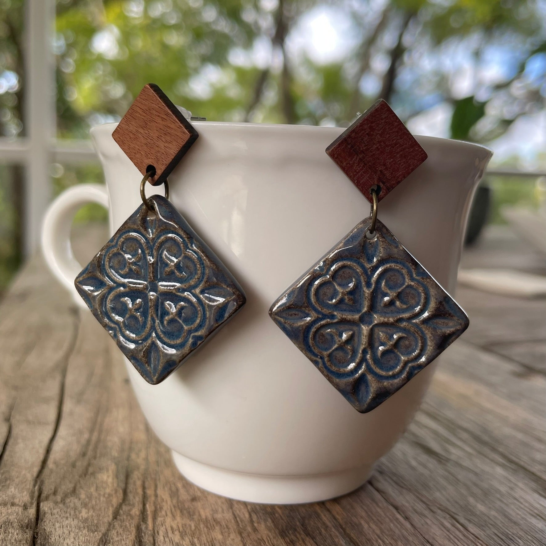 Earrings - Square ceramic blue and brown glaze square earrings