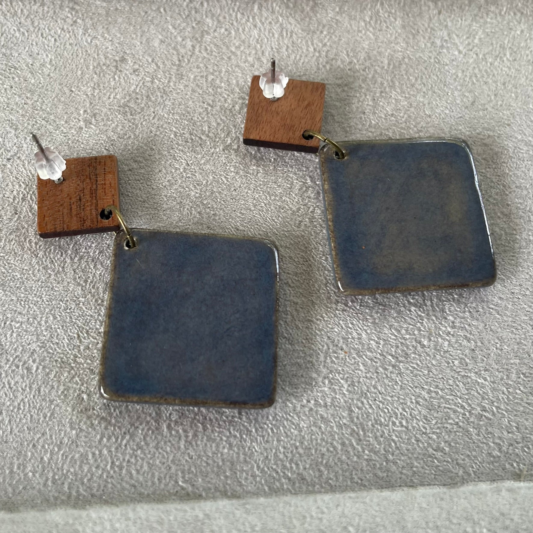Earrings - Square ceramic blue and brown glaze square earrings