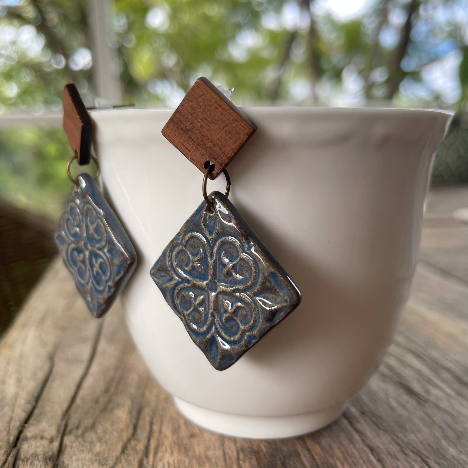 Earrings - Square ceramic blue and brown glaze square earrings