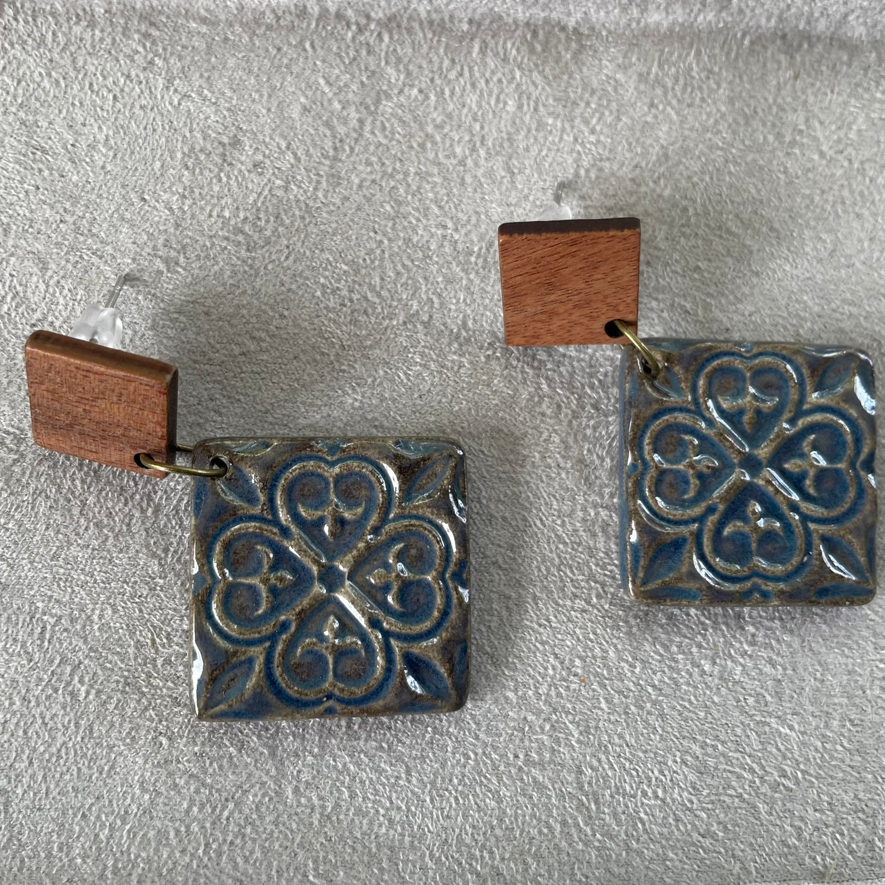 Earrings - Square ceramic blue and brown glaze square earrings