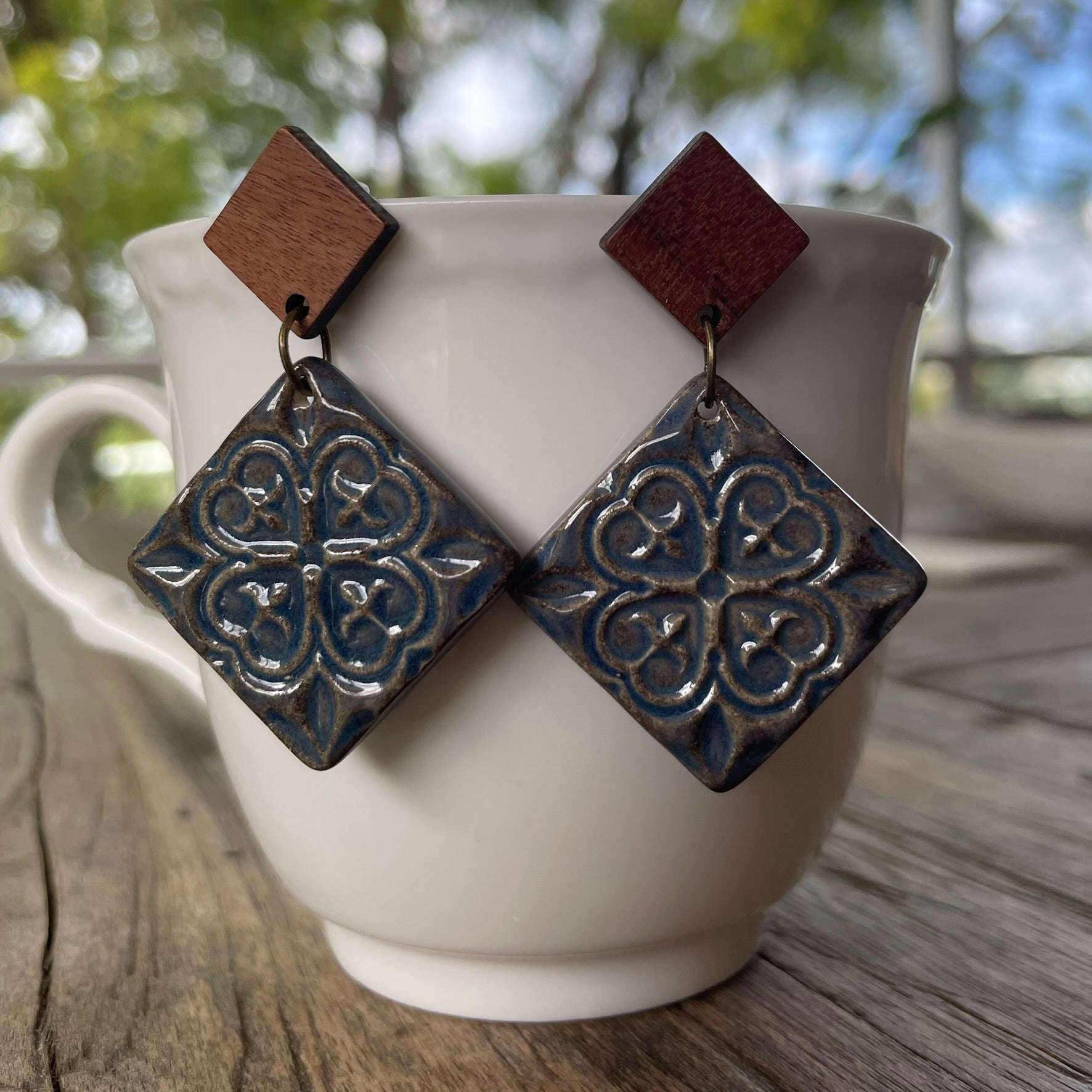 Earrings - Square ceramic blue and brown glaze square earrings