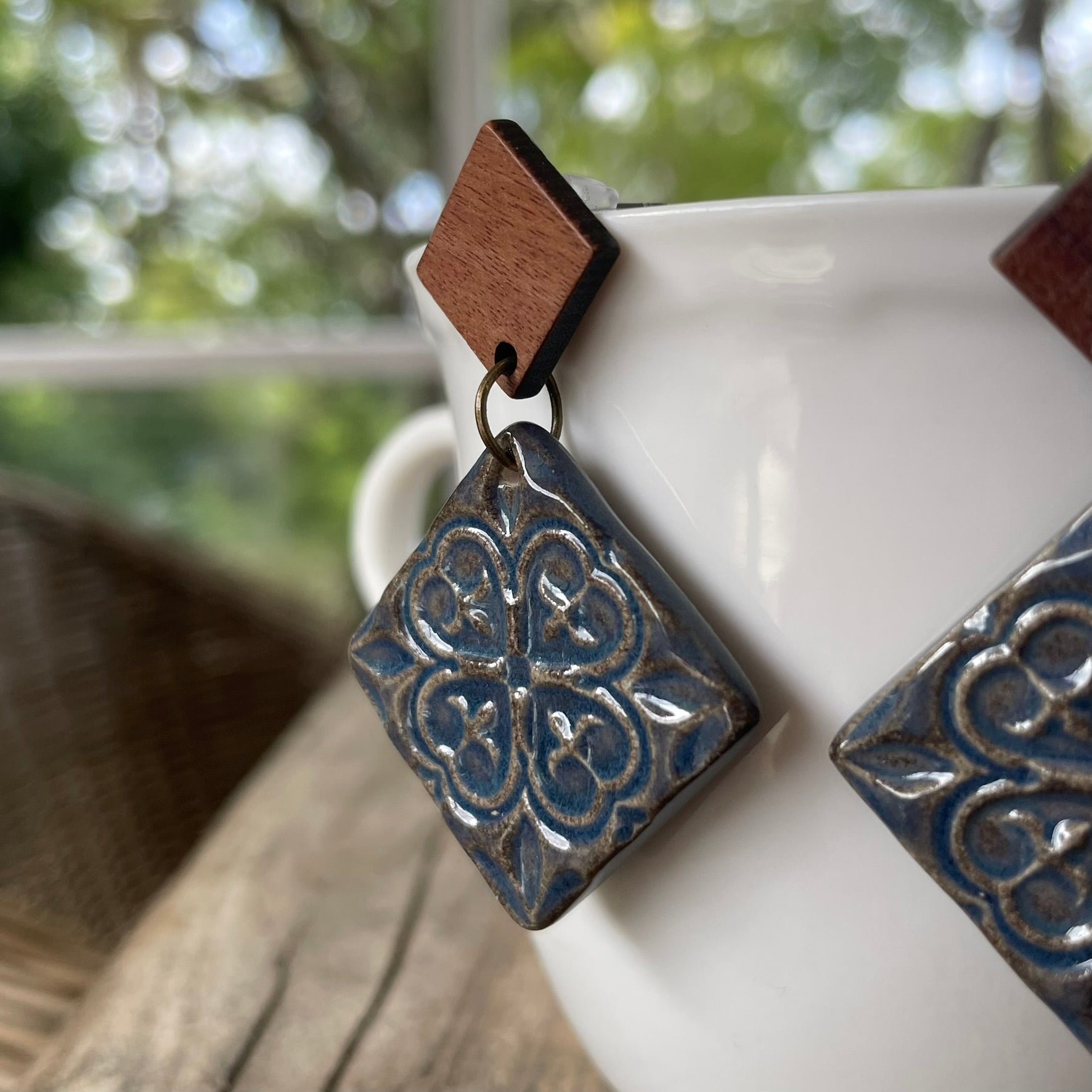 Earrings - Square ceramic blue and brown glaze square earrings
