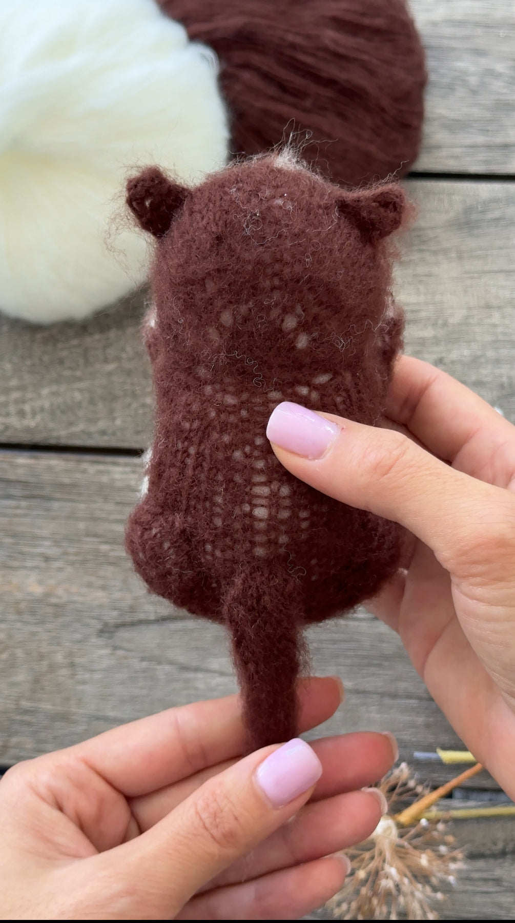 Handmade Chocolate Brown Knitted Sleeping Kitty Toy 🐾