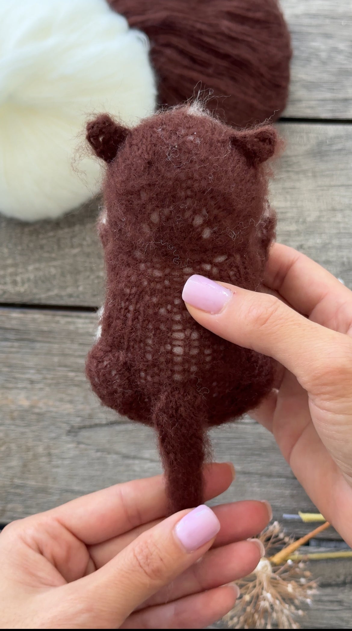 Handmade Chocolate Brown Knitted Sleeping Kitty Toy 🐾