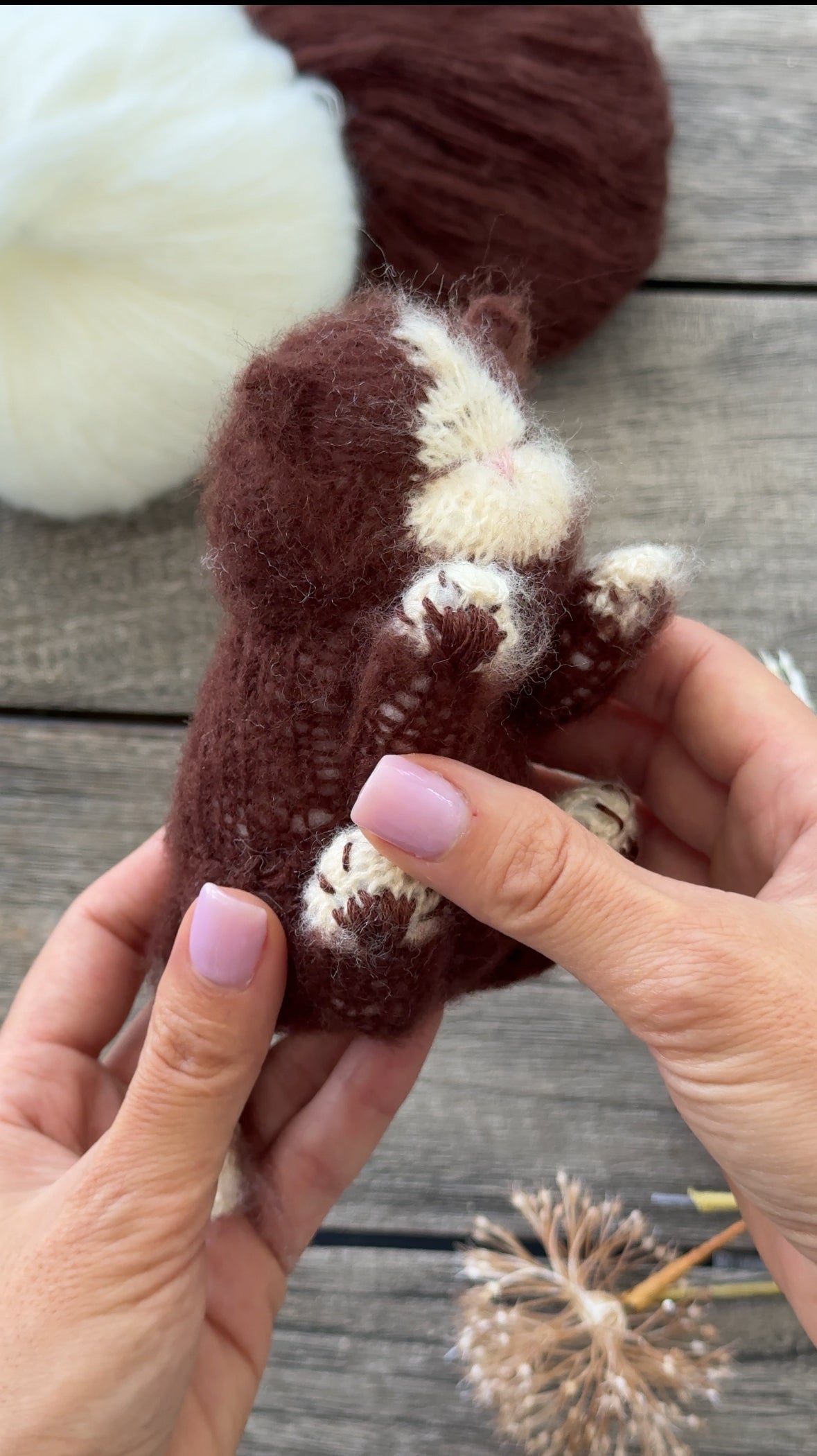 Handmade Chocolate Brown Knitted Sleeping Kitty Toy 🐾