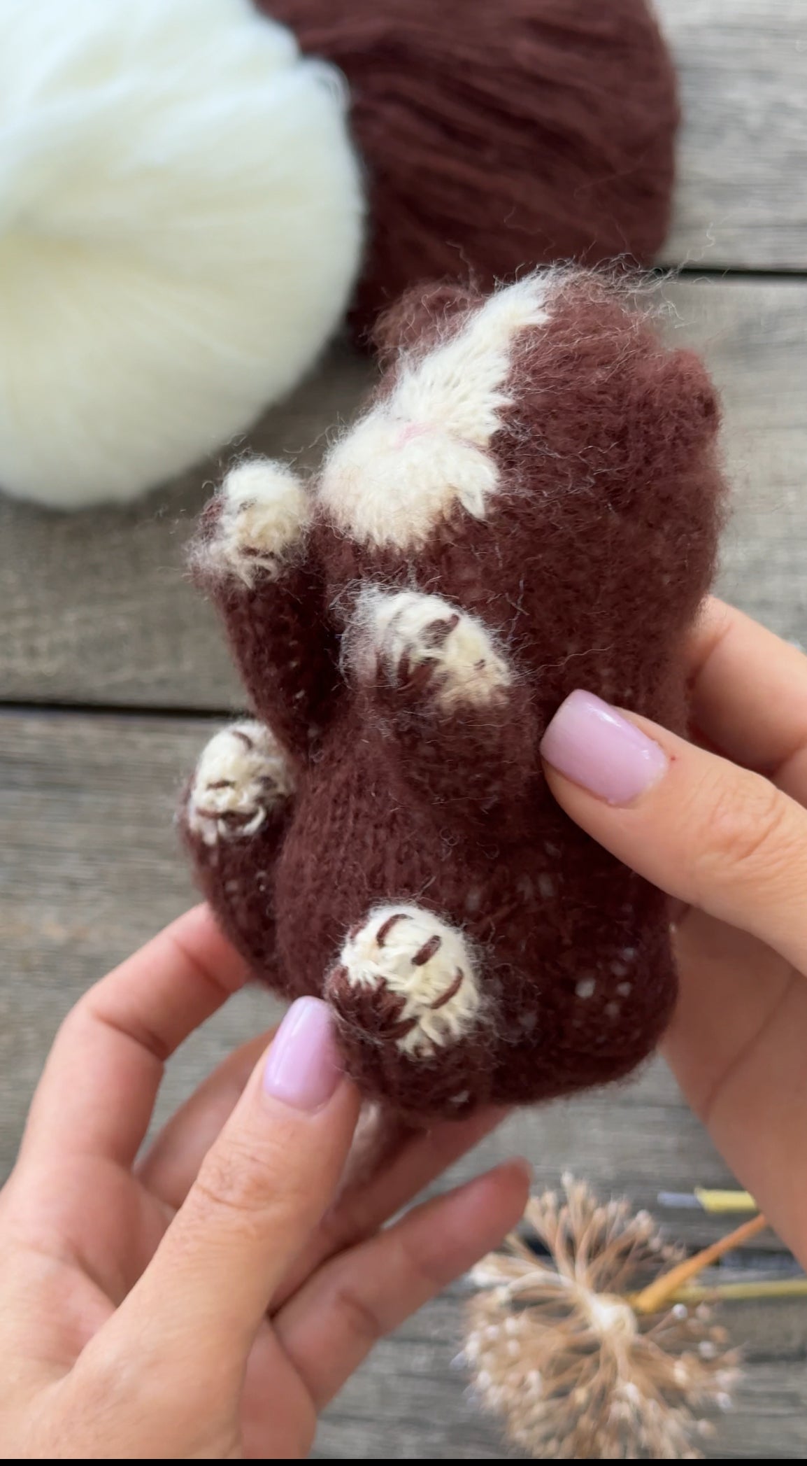 Handmade Chocolate Brown Knitted Sleeping Kitty Toy 🐾