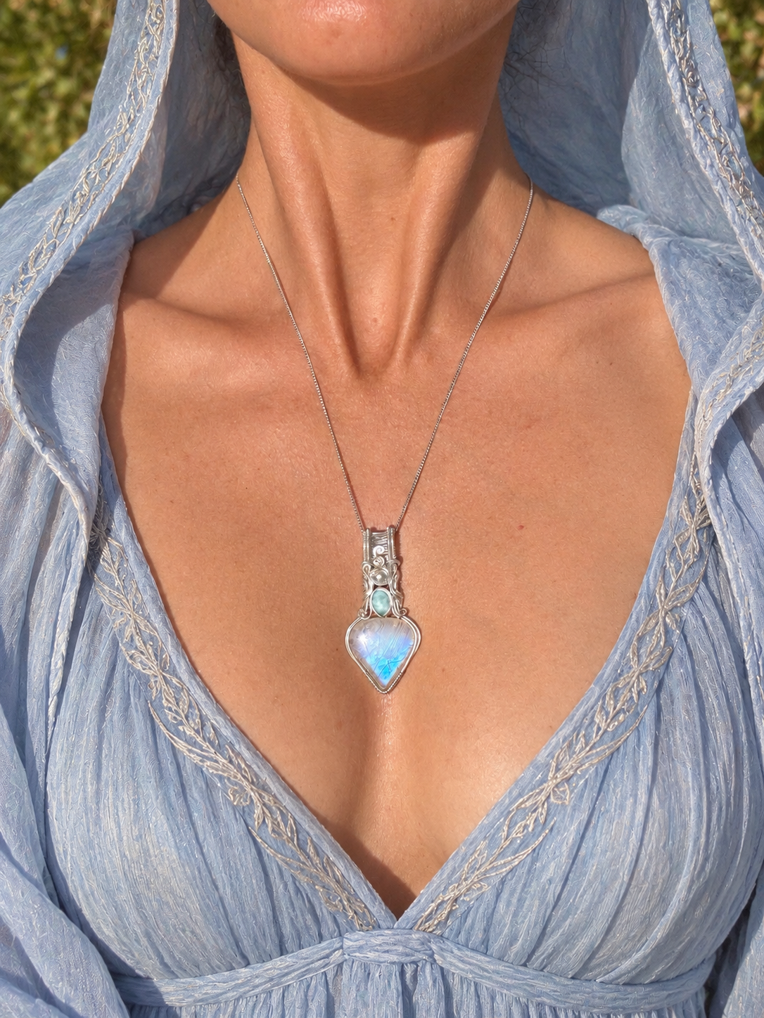 Moonstone, Larimar, Pearl, silver pendant