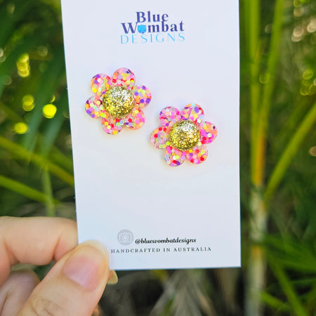 Colourful Glitter Flower Resin Stud Earrings 22mm