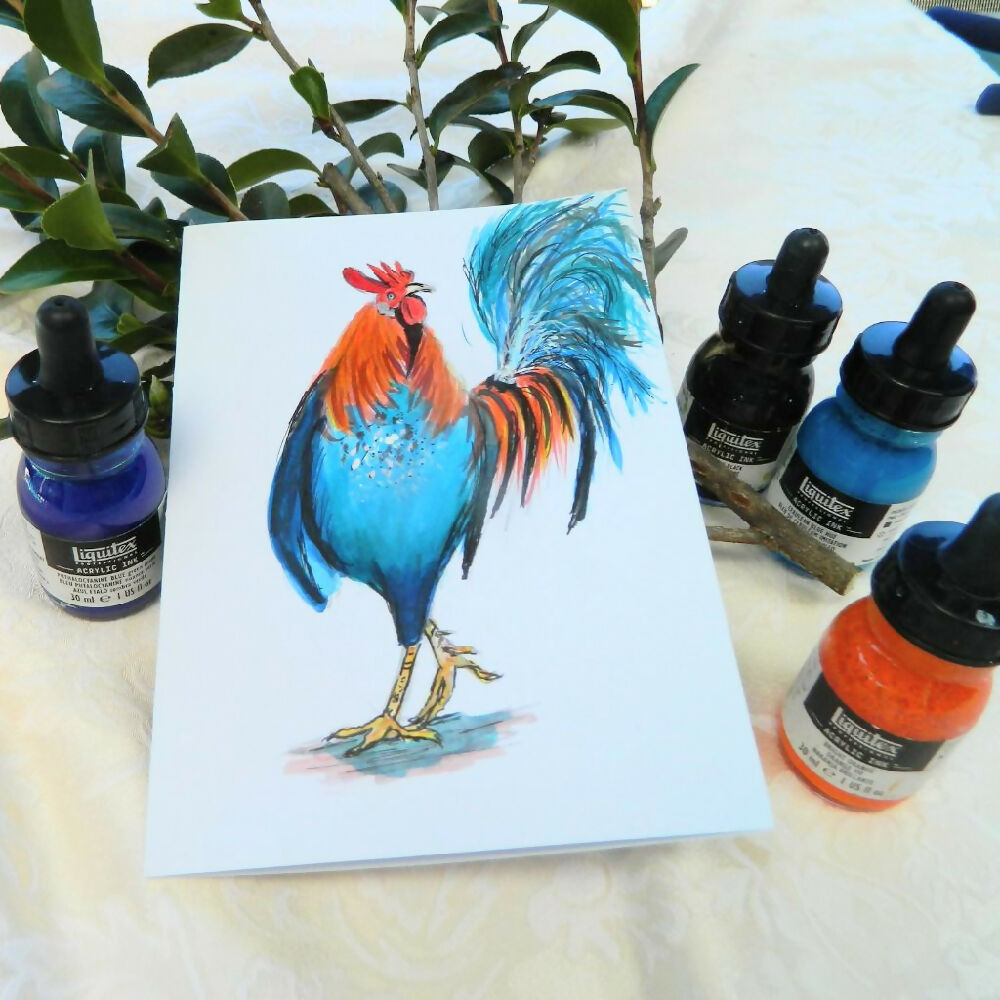 rooster card with leaves and ink