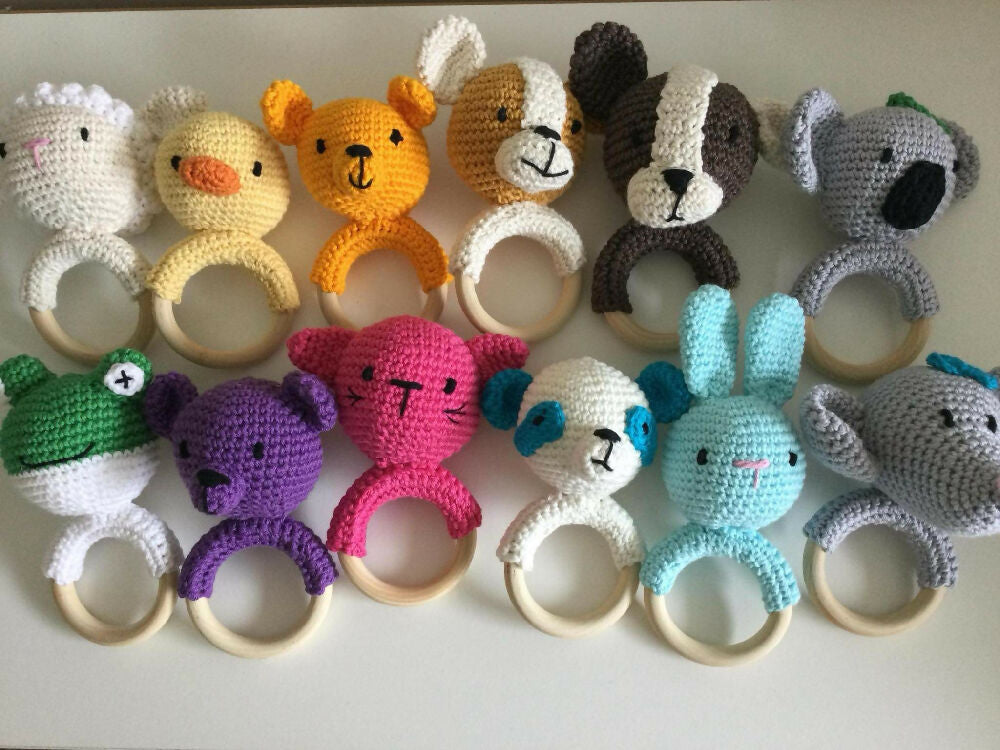 Teething Ring with Rattle - crocheted toy
