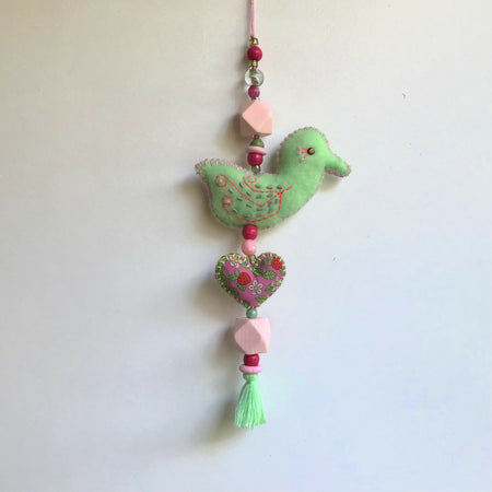 Wall hanging Boho felt bird decoration 30.5cm - Mint - Pink