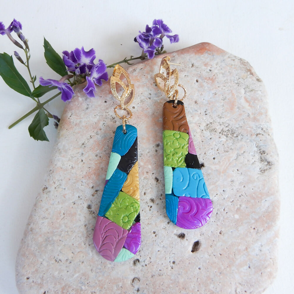 Patchwork Polymer Clay Earrings "Columbine" Teardrop