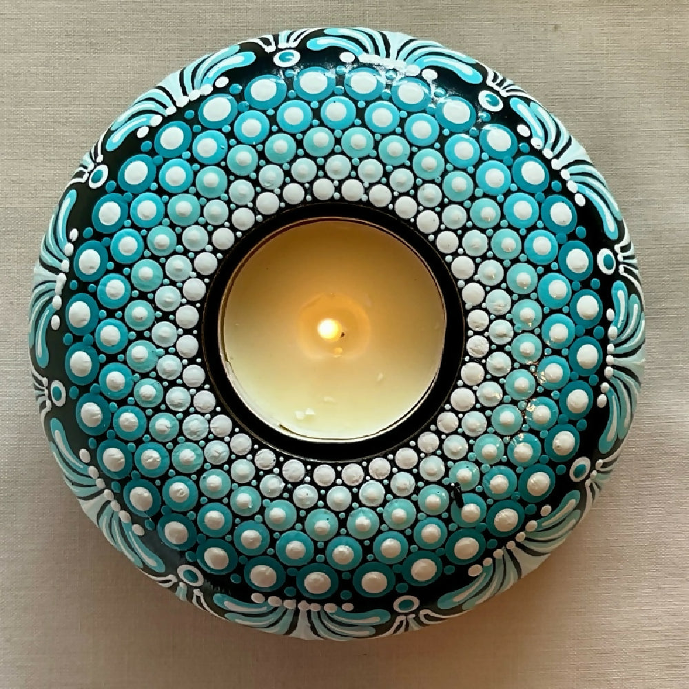 Hand-painted Tea-light Candle Holder Gift Boxed, Teal, White & Black