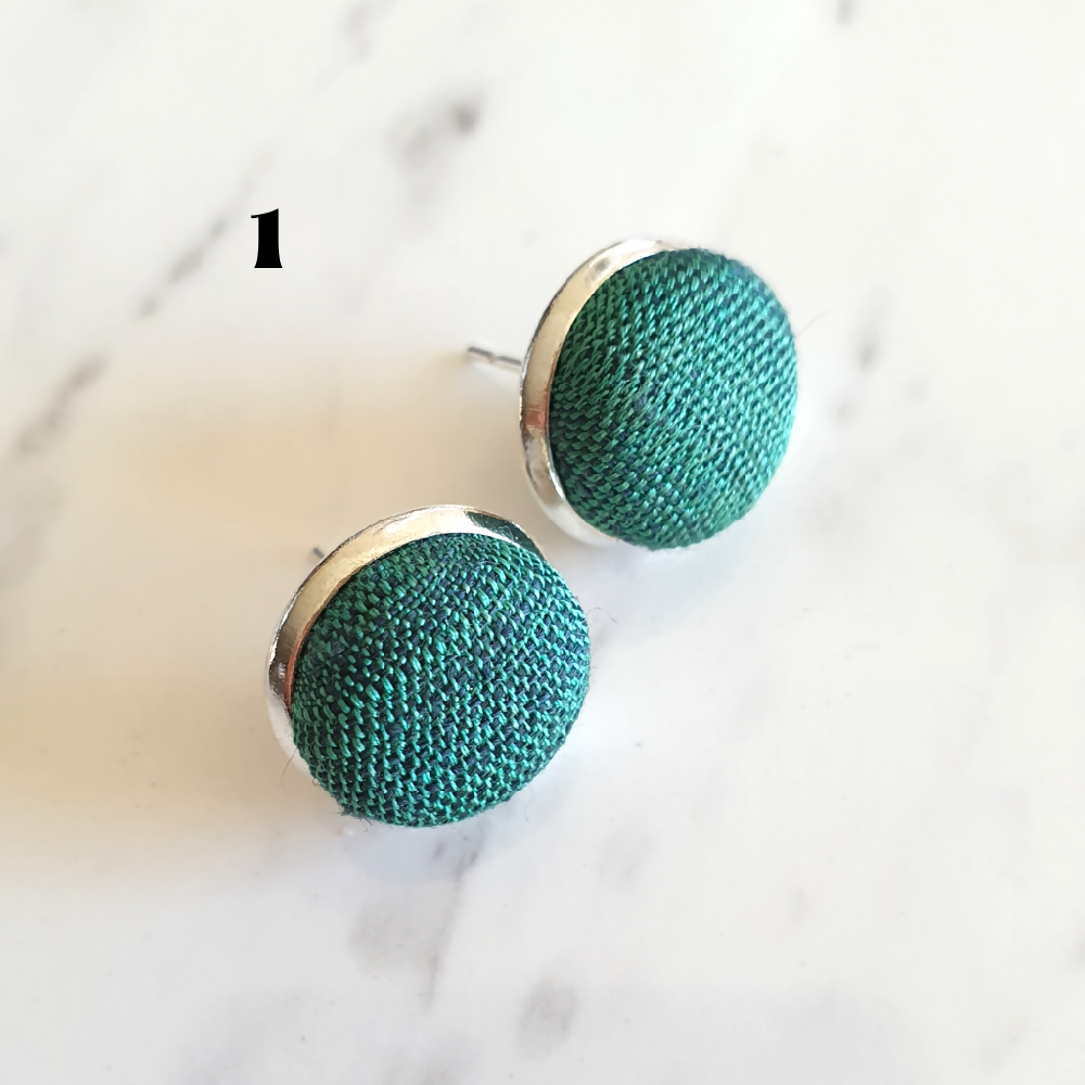 1.4cm Round Green Gradient Japanese Kimono Fabric Silver colour Cabochon stud earrings