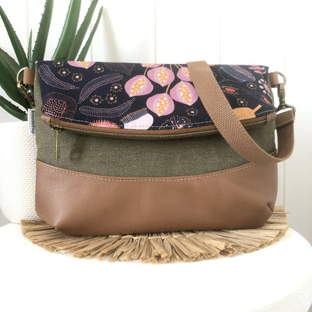 Fold Over Bag in Tan Leather, Green Canvas and Seed Pod Fabric