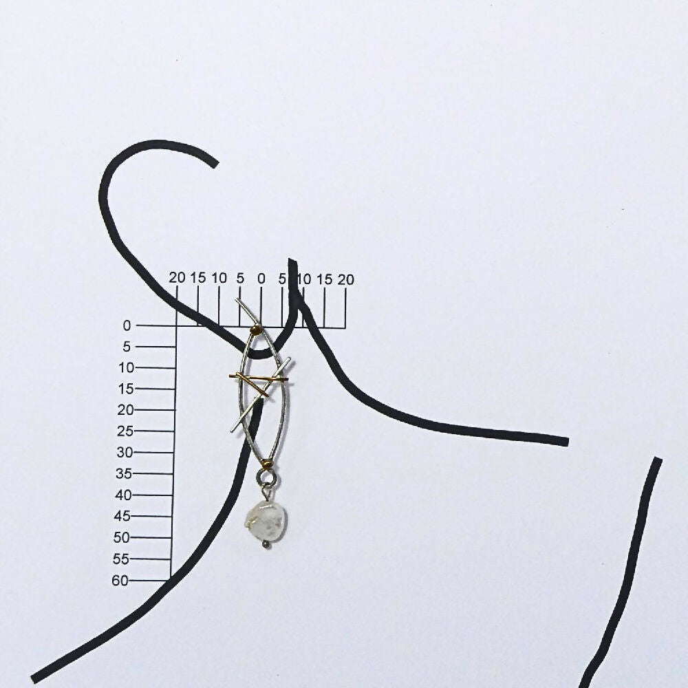 Sterling silver and brass earrings with keshi pearl showcase M001
