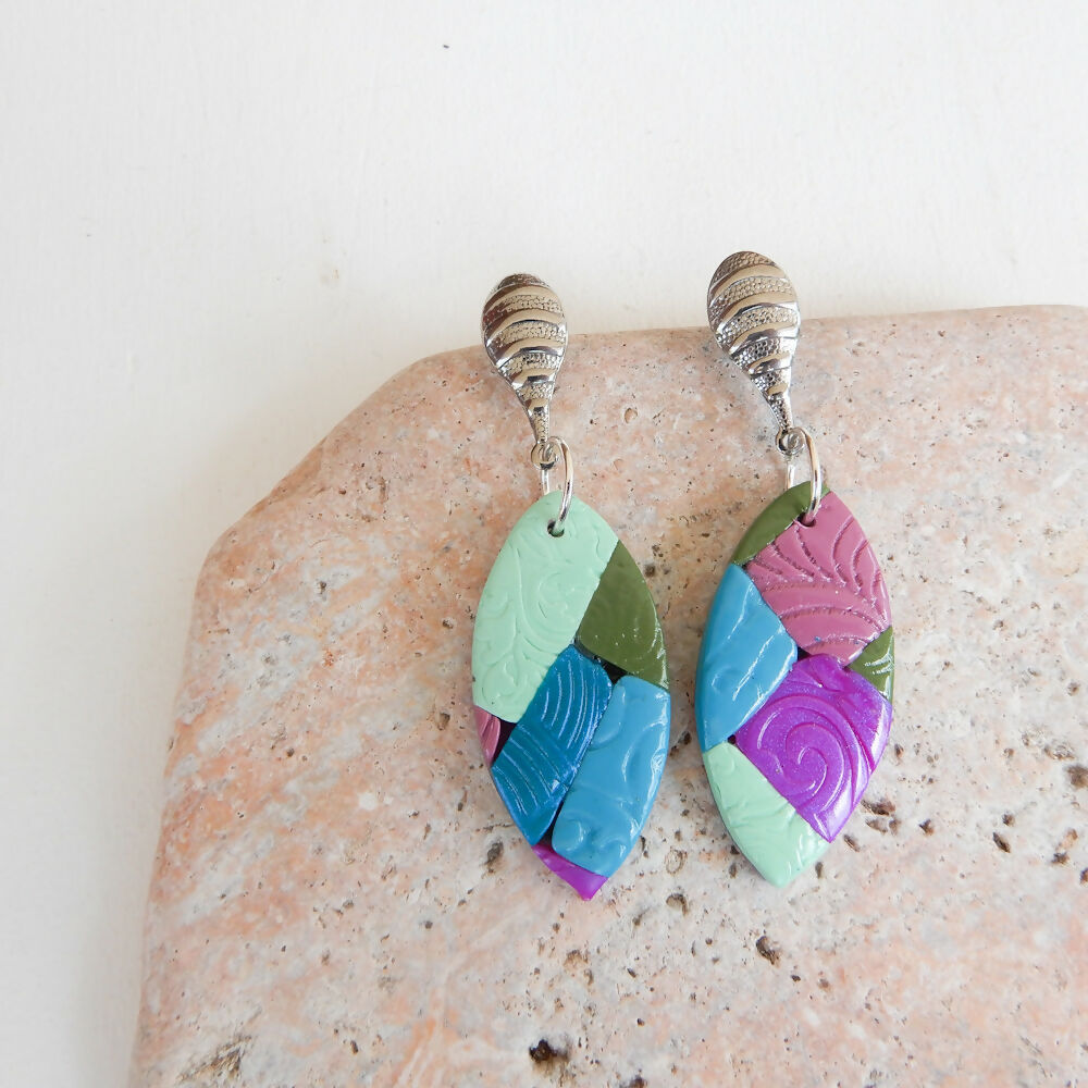 Patchwork Polymer Clay Earrings "Columbine" Leaf