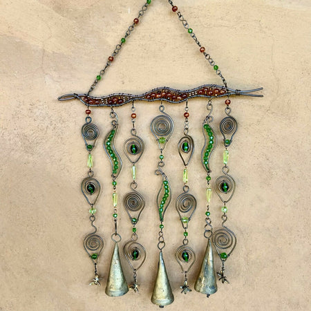 Boho Rustic Windchimes Recycled Metal Bells Copper Glass Beads