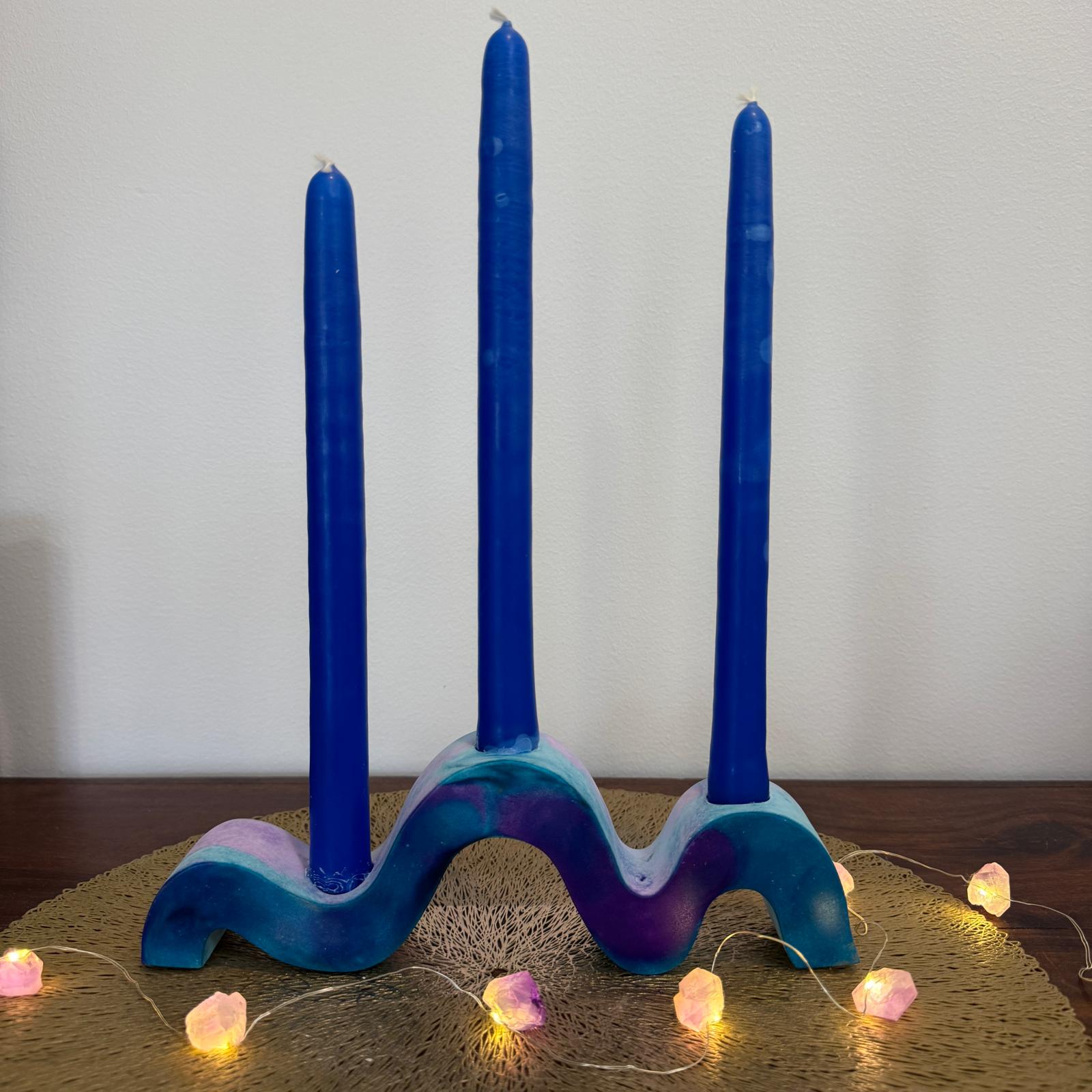 Indigo blue and purple wavy concrete holder for taper candles