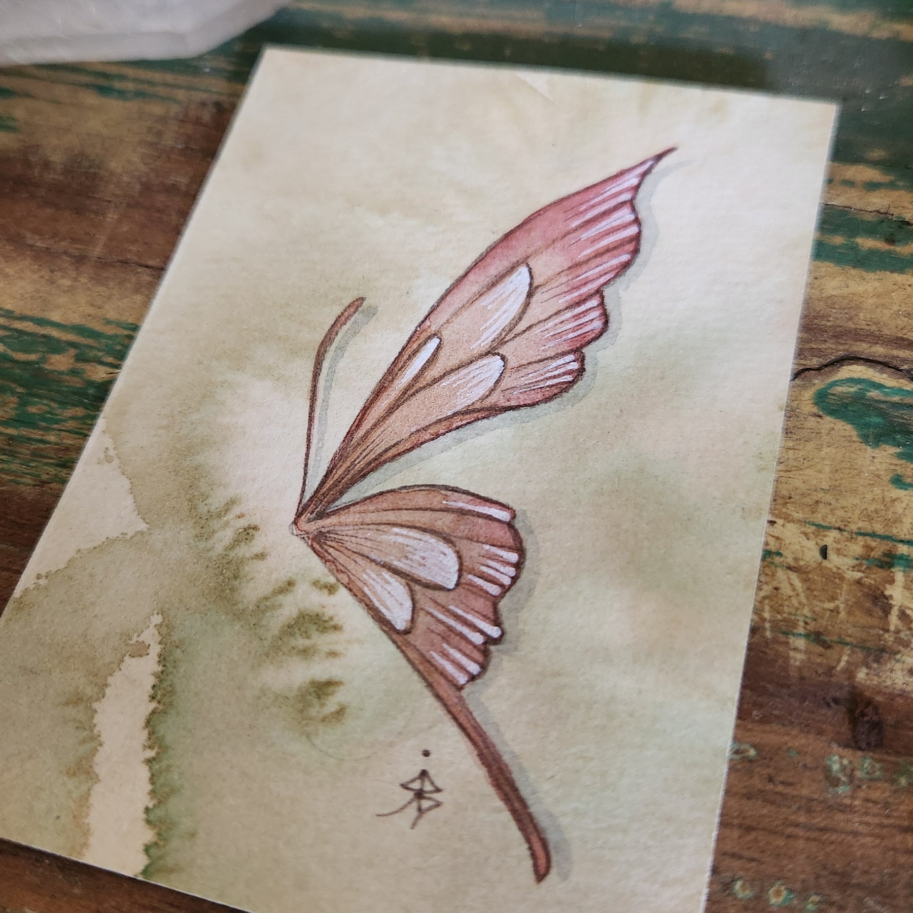 ACEO Mini Watercolour Artwork Original Art Card Collectable - Pink Faery Wing