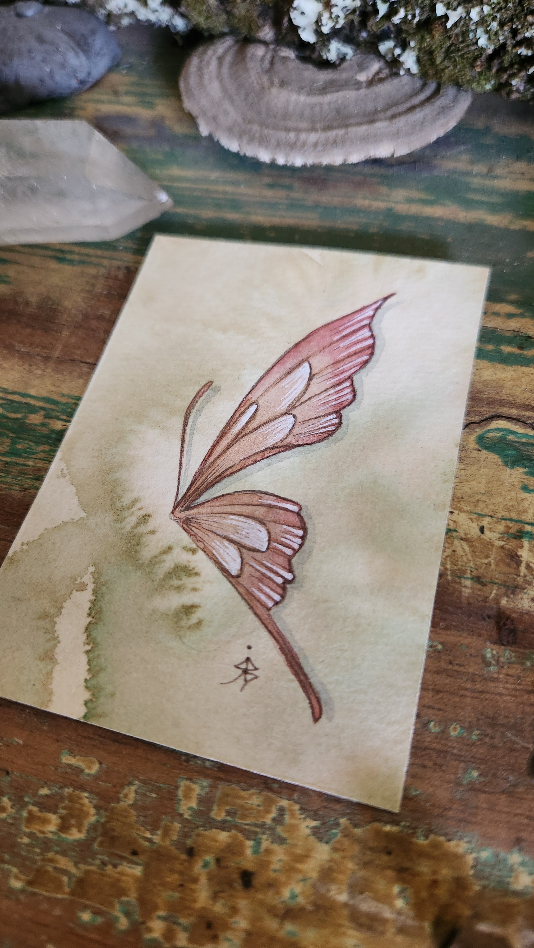 ACEO Mini Watercolour Artwork Original Art Card Collectable - Pink Faery Wing