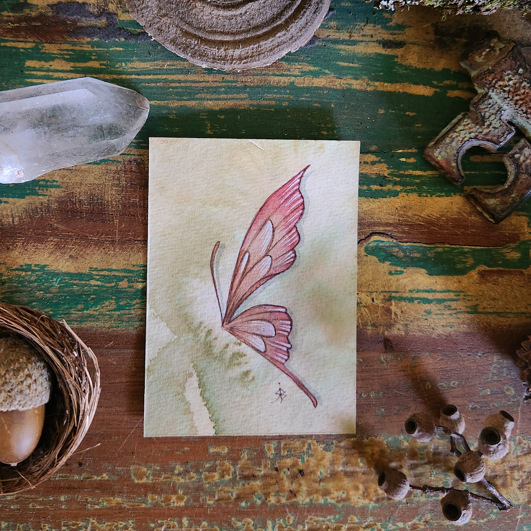 ACEO Mini Watercolour Artwork Original Art Card Collectable - Pink Faery Wing