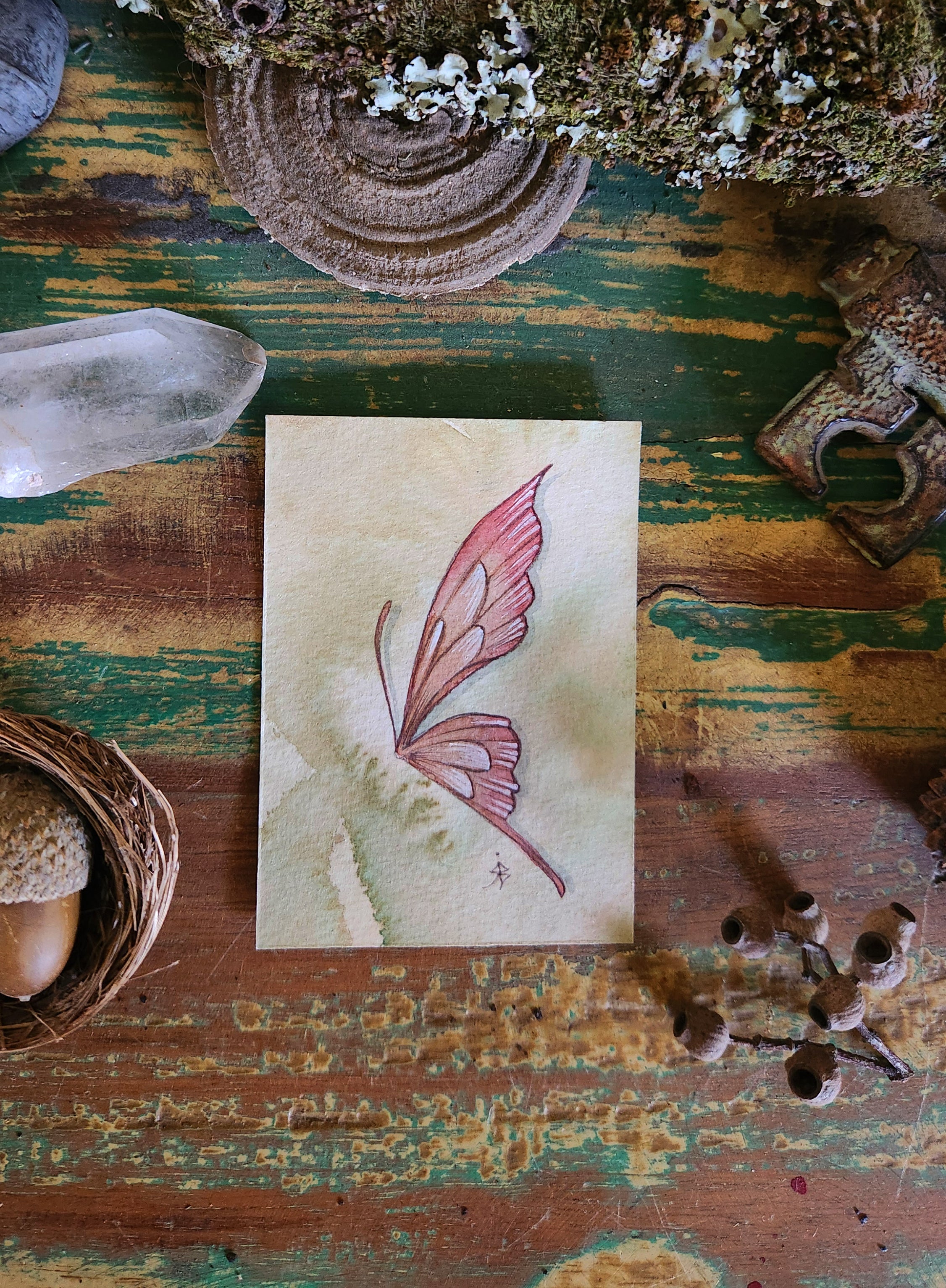 ACEO Mini Watercolour Artwork Original Art Card Collectable - Pink Faery Wing