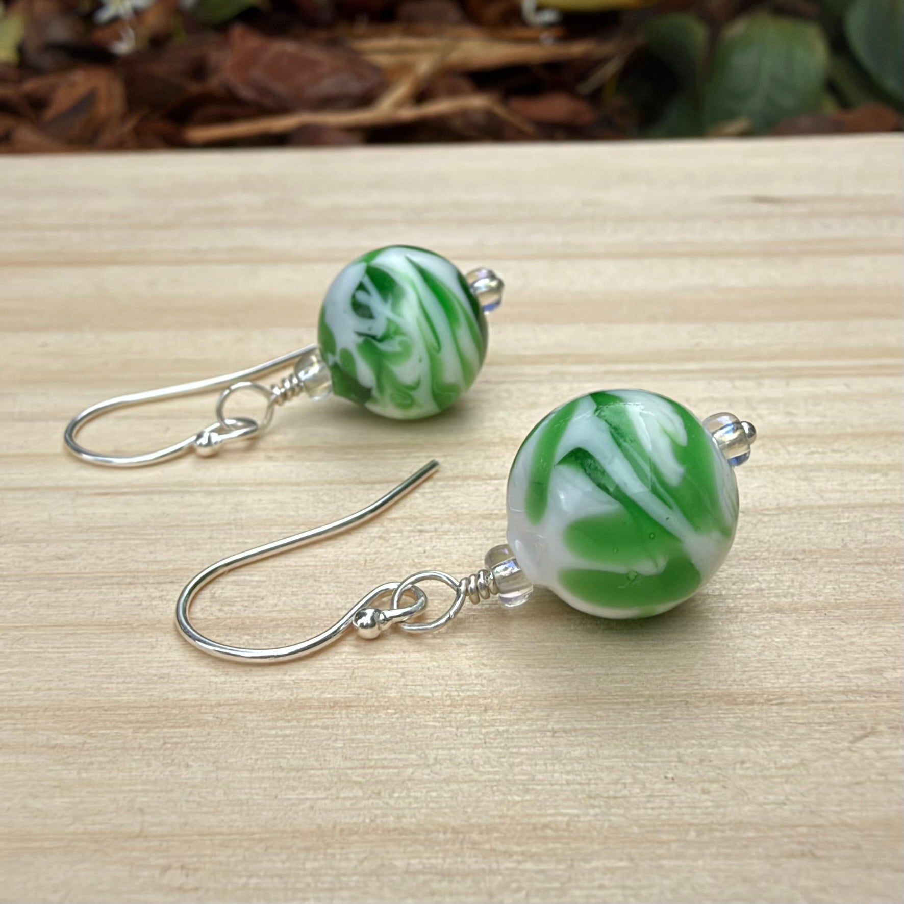 Green and White Lampwork Bead Earrings Sterling Silver