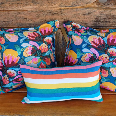 FLORAL OUTDOOR CUSHION - SQUARE WITH FLANGE - STRIPED LUMBAR - INNER GREEN INSERT INCLUDED