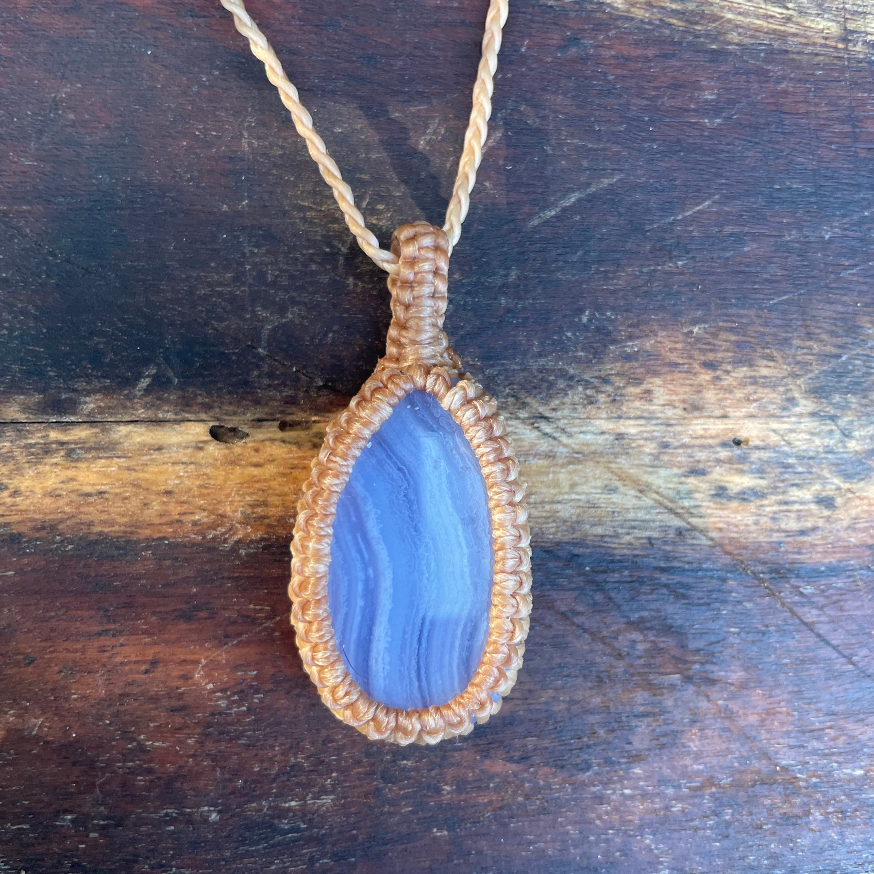 Blue Lace Agate Pendant, boho macrame necklace, adjustable