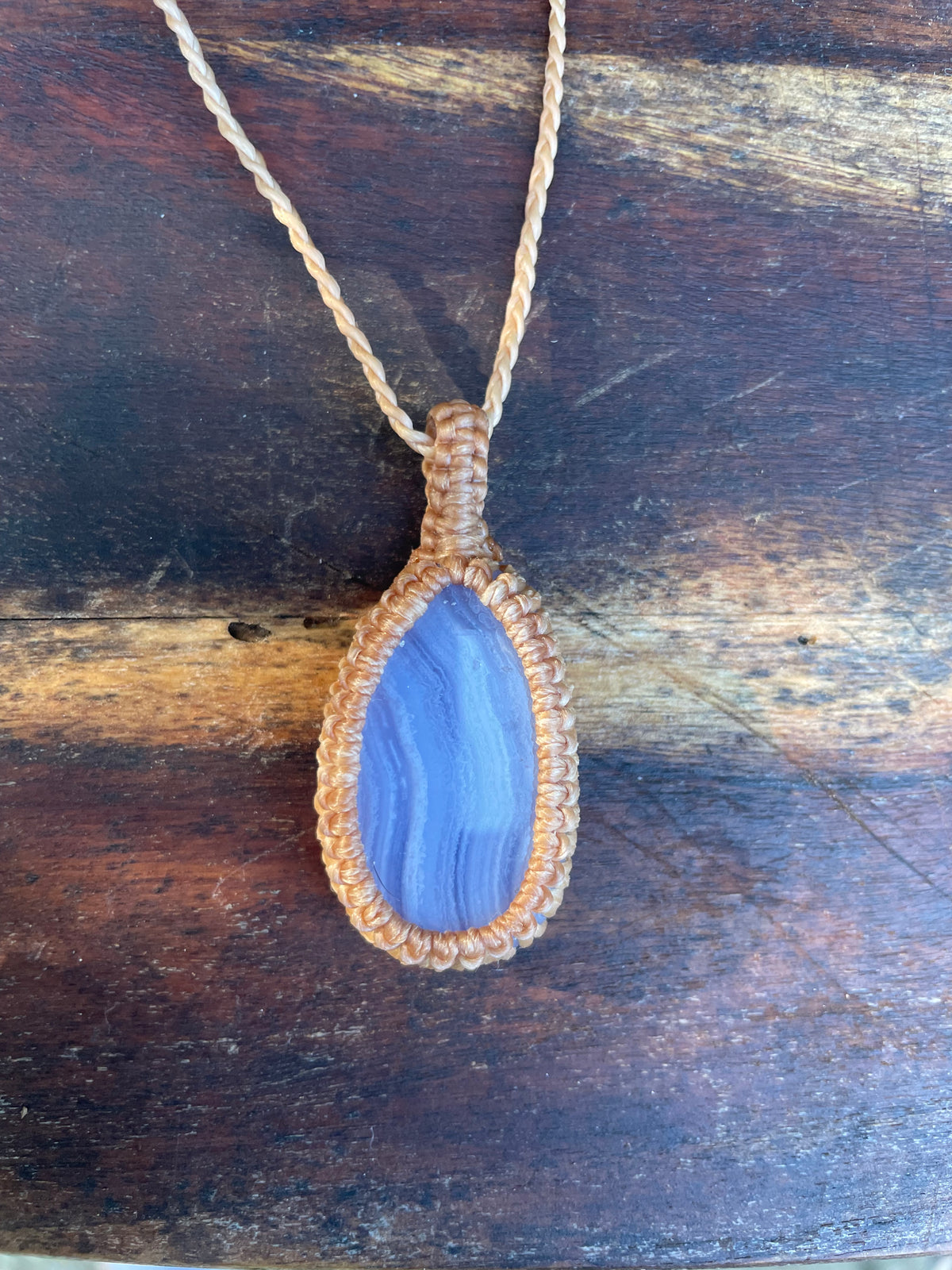 Blue Lace Agate Pendant, boho macrame necklace, adjustable