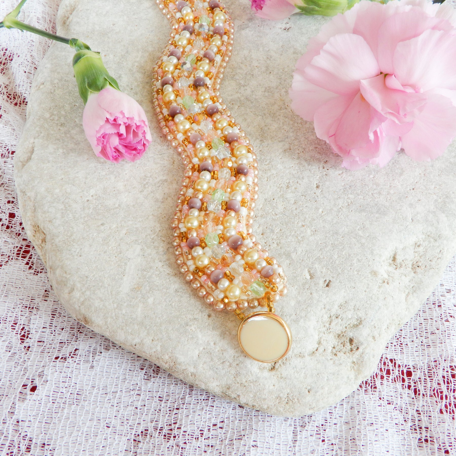 Pink & Gold Bead Embroidered Bracelet