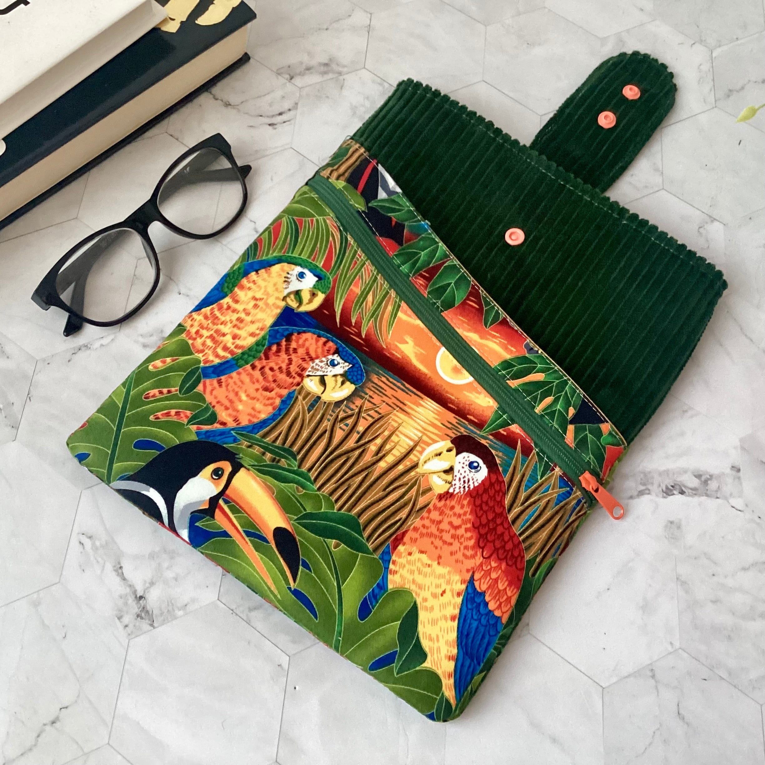 Parrots and Toucan fabric book sleeve with 2 pockets. iPad, tablet pouch