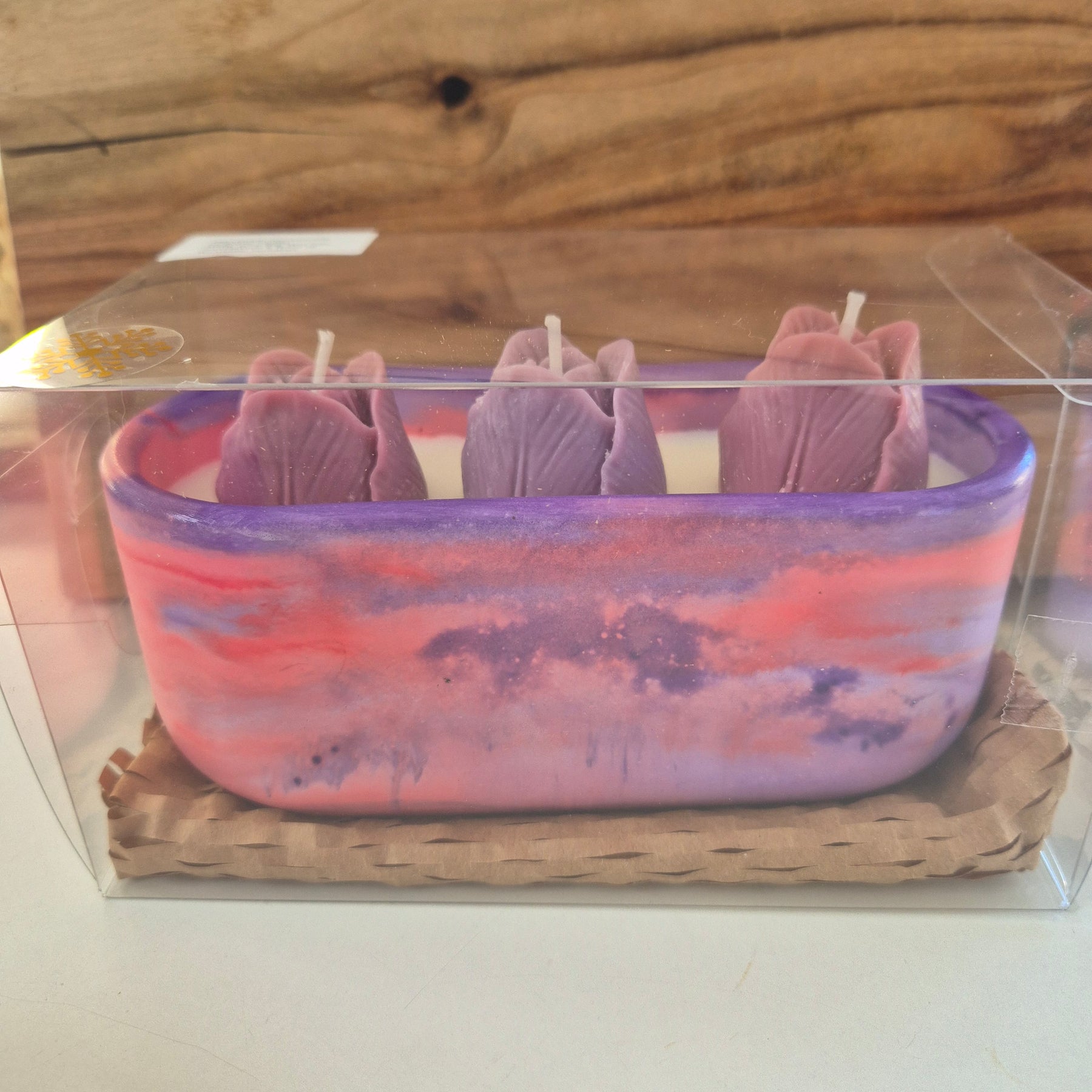 Red and purple oval concrete tulip bowl candle with sandalwood