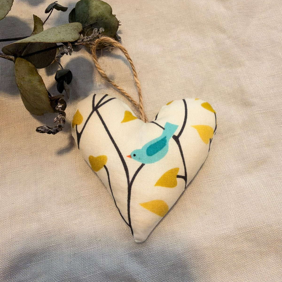 Little blue bird hearts - handmade with wool filling