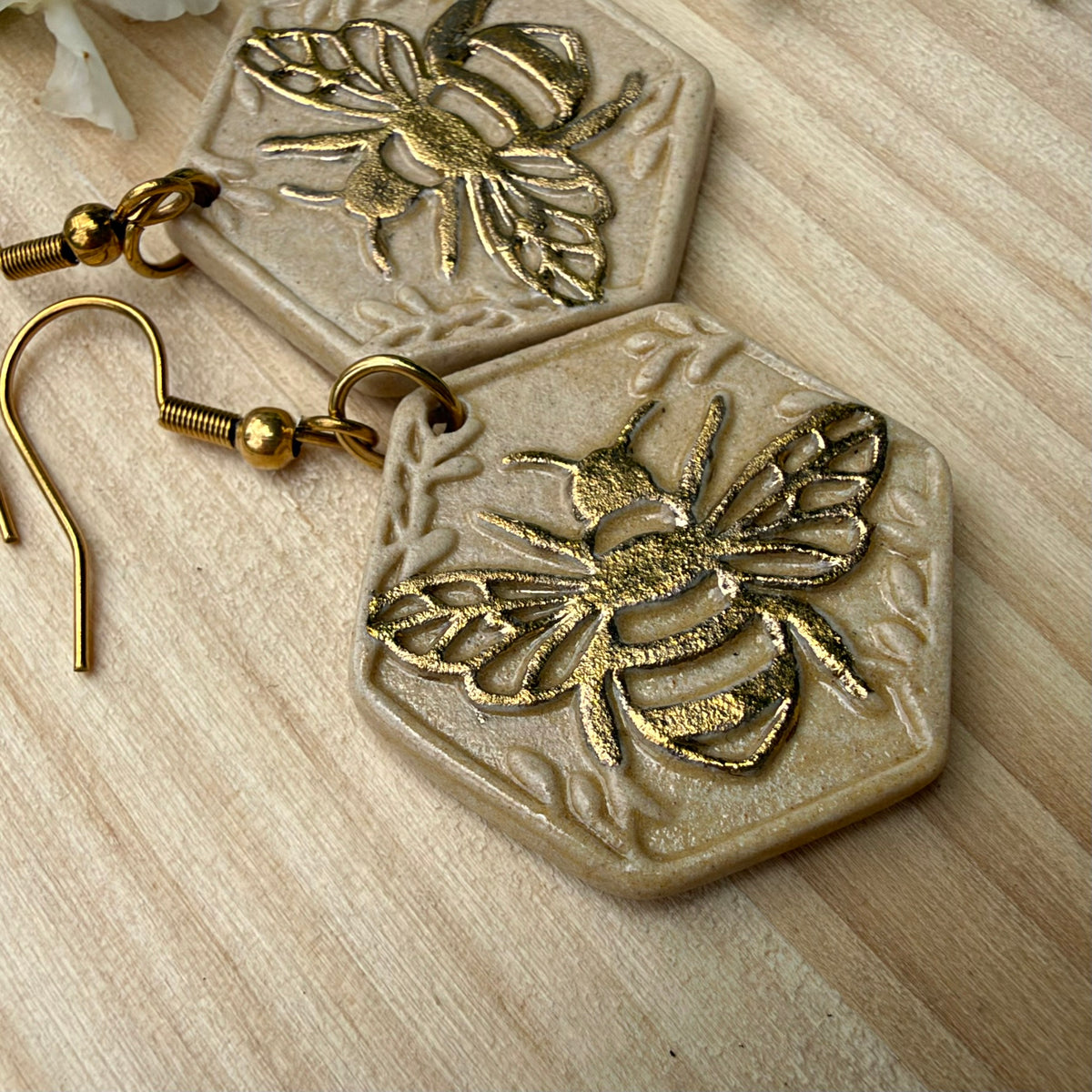 Gold embellished Ceramic Bee Earrings - Lightweight