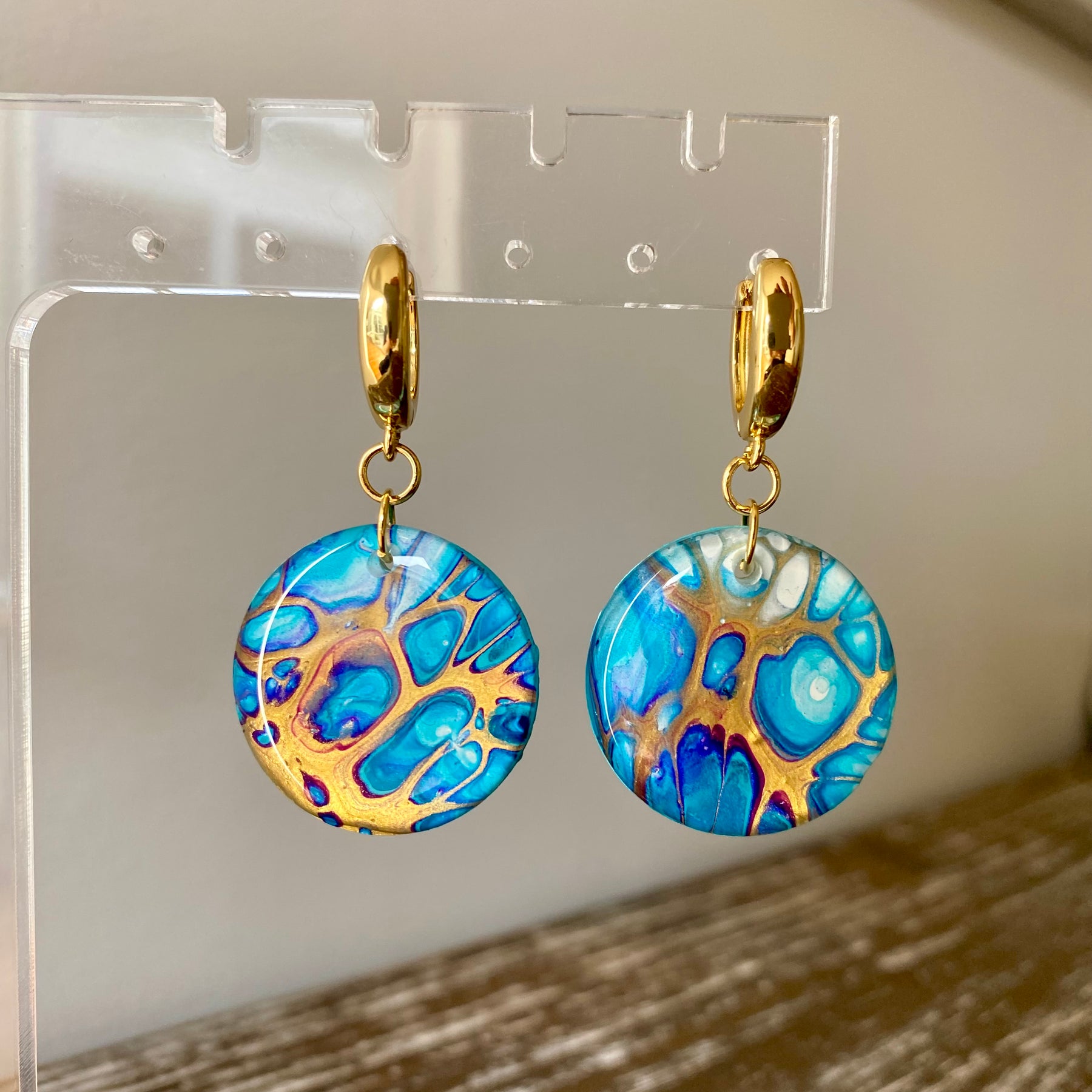 Turquoise and Gold Art Huggie Hoop Earrings