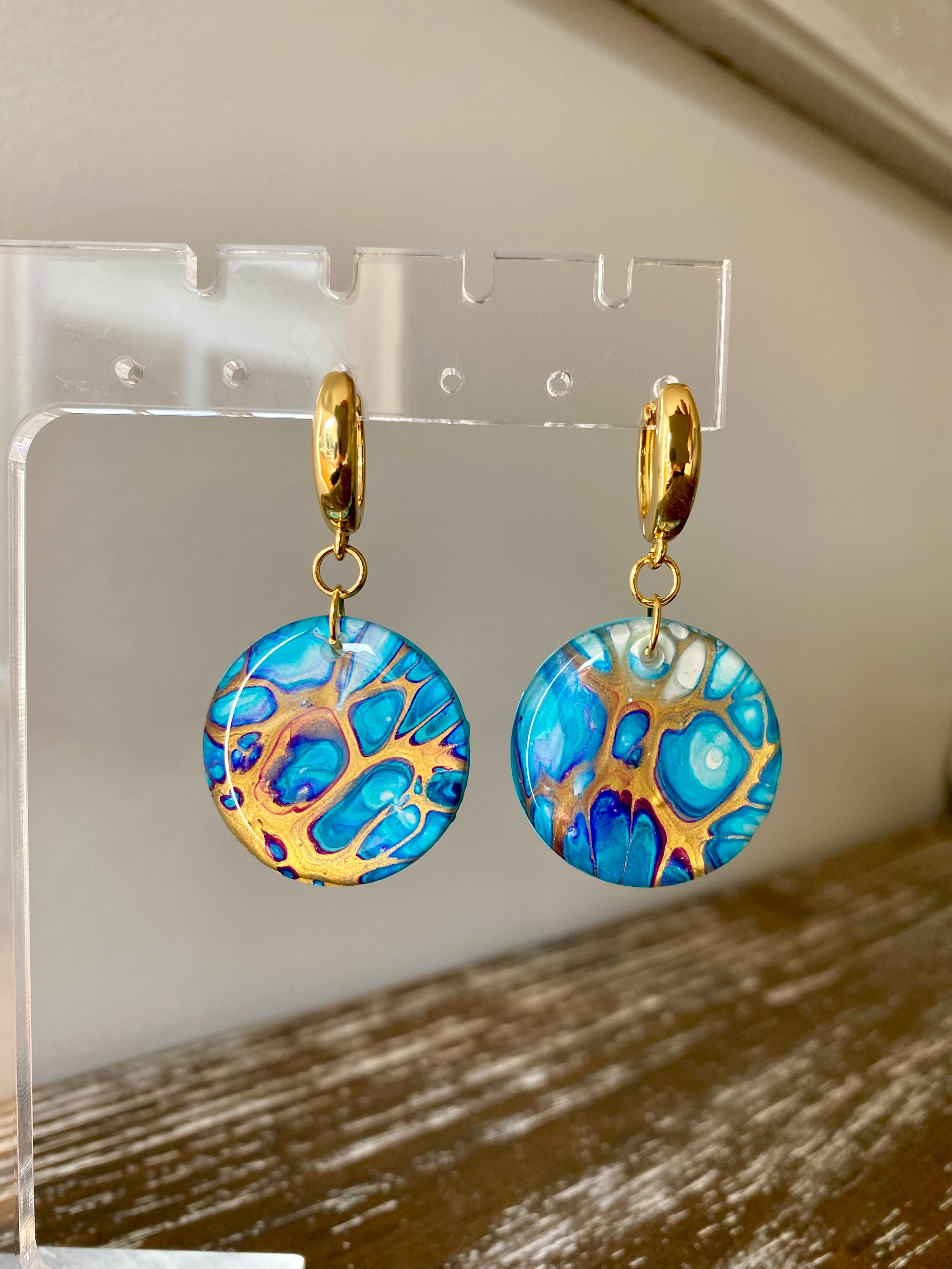 Turquoise and Gold Art Huggie Hoop Earrings