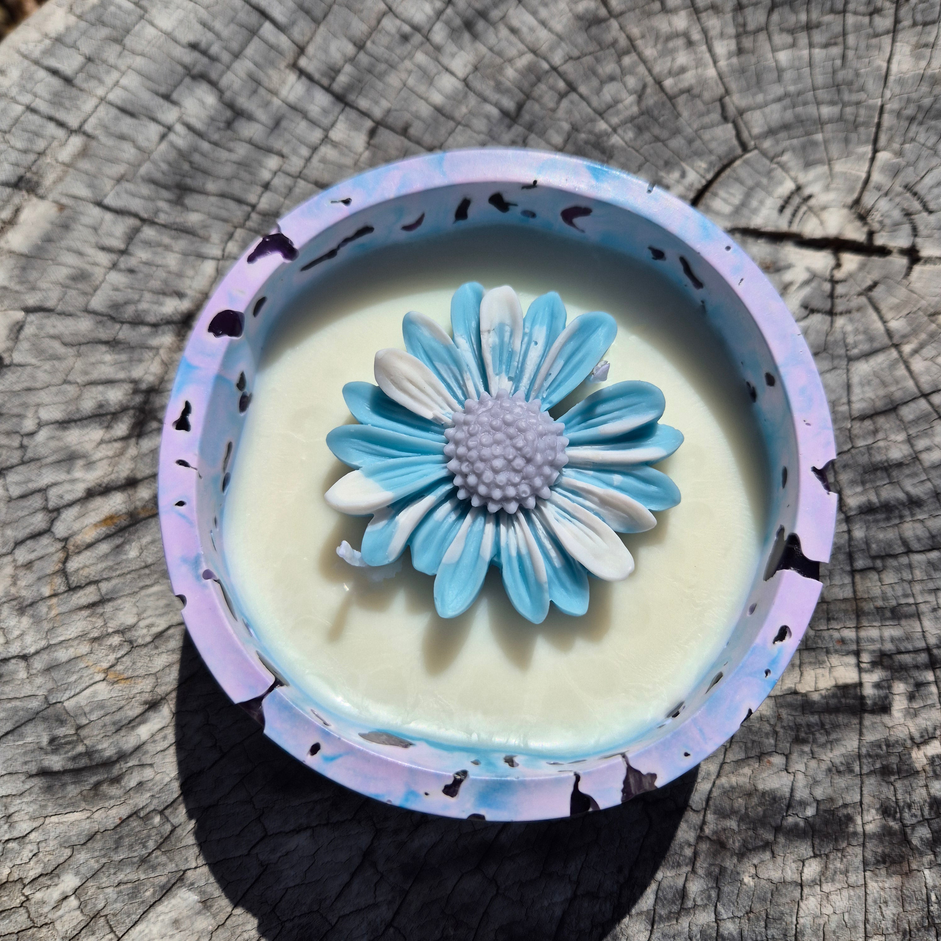 Round blue and purple concrete bowl candle with amethyst stones