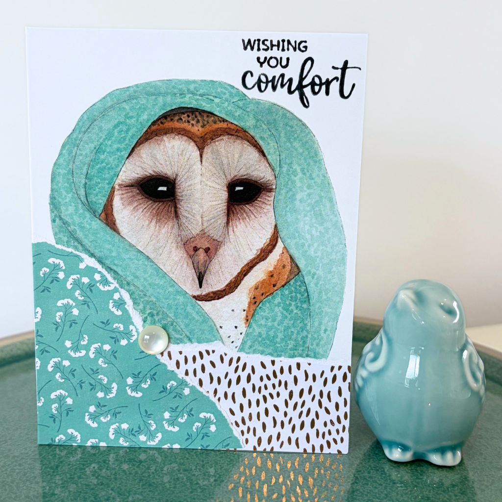 Snuggly barn owl "Wishing you comfort" card