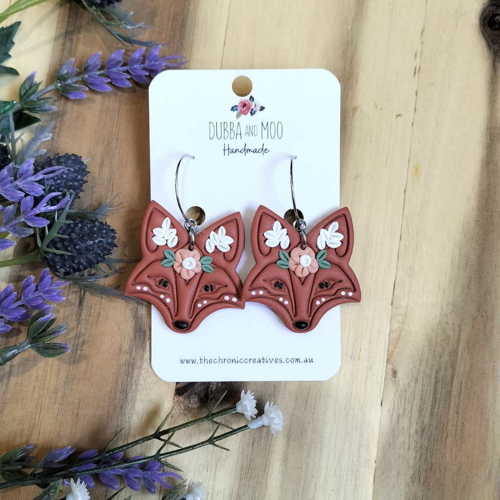 Floral Folk Foxes Polymer Clay Hoop Earrings