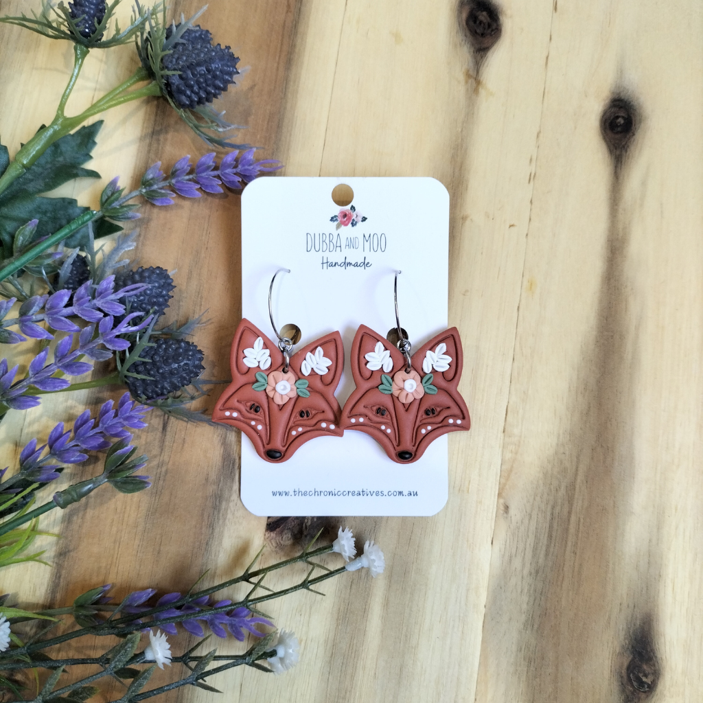 Floral Folk Foxes Polymer Clay Hoop Earrings