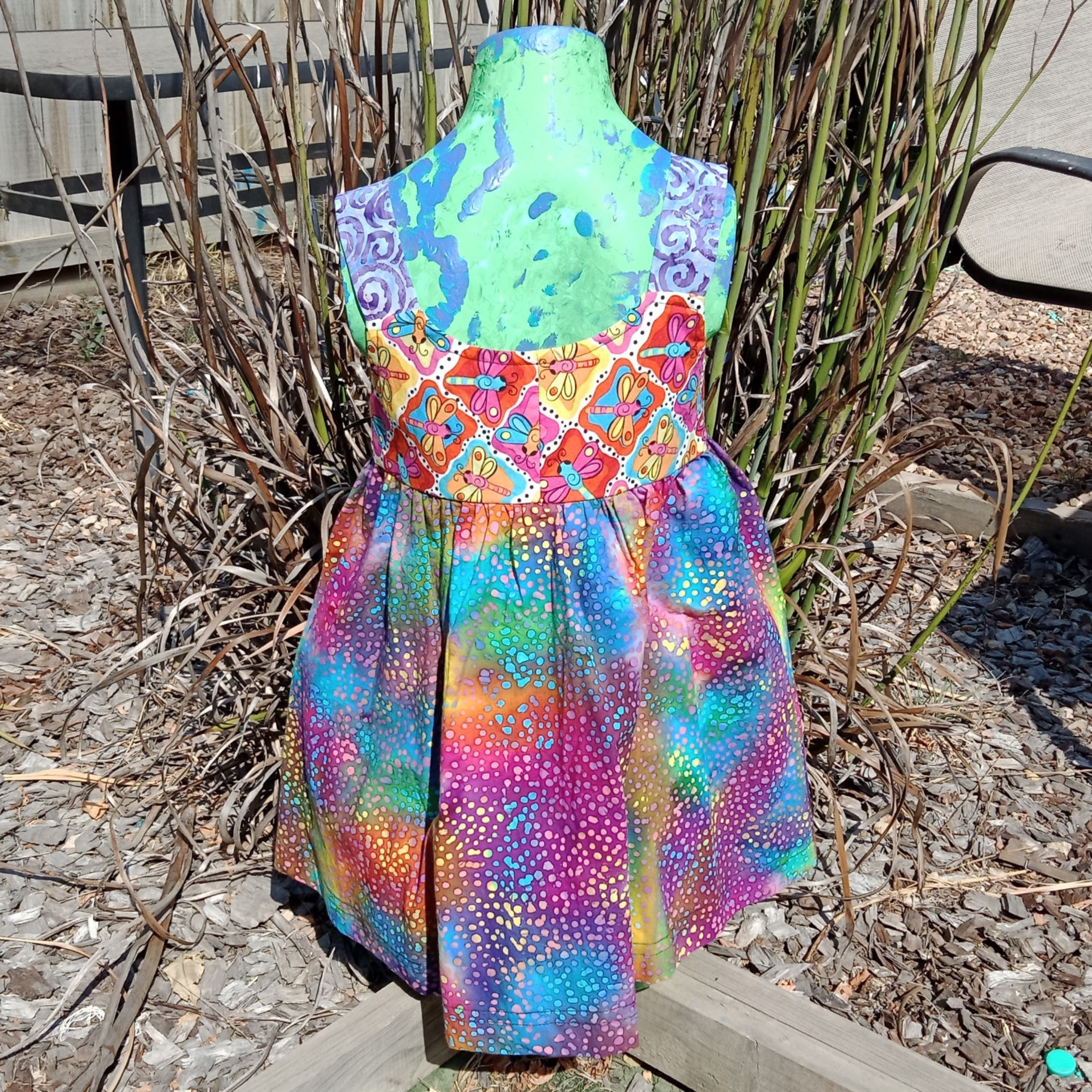 Girls Dress, Size 4, Bright Dragonflies/Spots/Spirals.