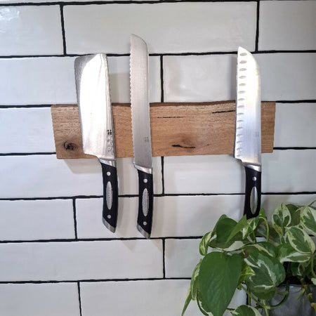 Lovely Wall mounted Magnetic Knife Holder, 35cm, Holds 6 knives,Made in Rockingham W.A., Gorgeous Marri Timber, Beautiful Wedding Present or Anniversary Gift, Feature Edge