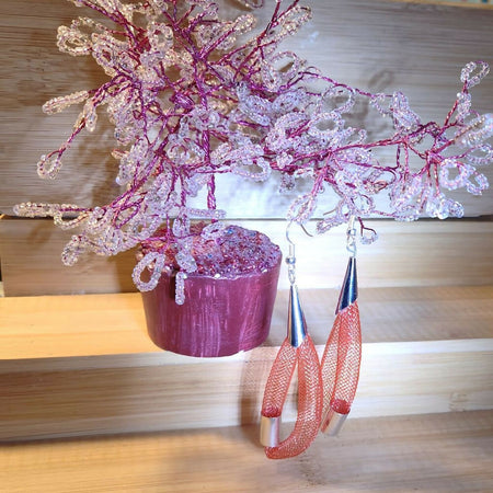 Dangle Earrings, red nylon mesh with silver