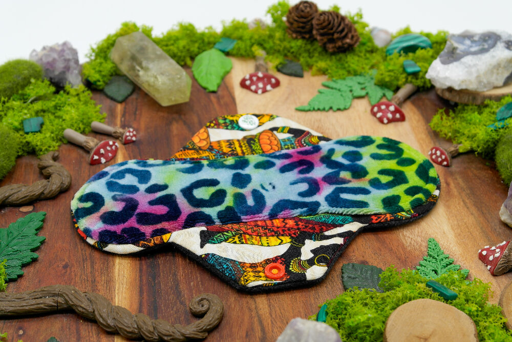 dig the flow reusables reusable cloth pad australian handmade rainbow cheetah soft bamboo velour beautiful women unique one-of-a-kind versodile moonrise menstrual health